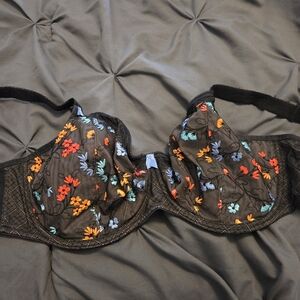 Floral Embroidered Black Bra